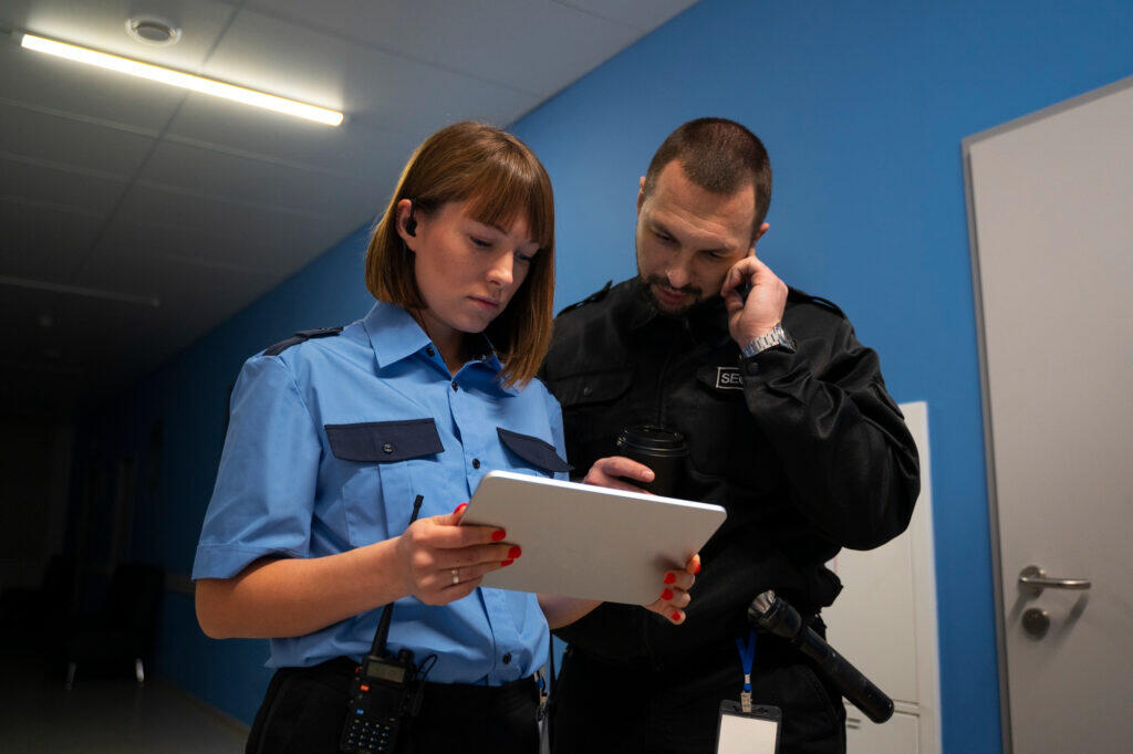 Two security officers review a tablet, discussing potential AML compliance issues.